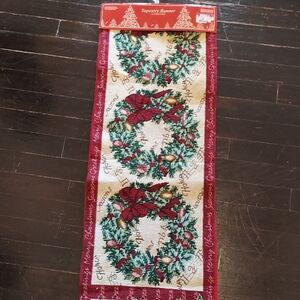 Festive Holiday Tapestry Runner with Red and Green Wreaths